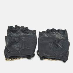 Pre Owned Chanel Black Perforated Leather Chain Link Fingerless Gloves