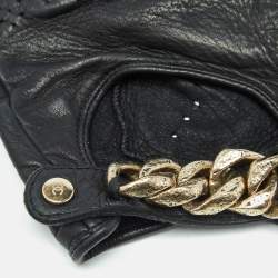 Pre Owned Chanel Black Perforated Leather Chain Link Fingerless Gloves