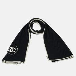 Pre Owned Chanel Black CC Embroidered Cashmere Blend Knit Scarf
