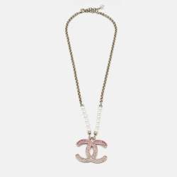 Pre Owned Chanel CC Crystal Logo Faux Pearl Gold Tone Necklace