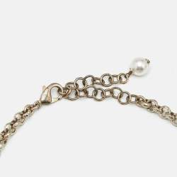 Pre Owned Chanel CC Crystal Logo Faux Pearl Gold Tone Necklace