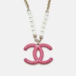 Pre Owned Chanel CC Crystal Logo Faux Pearl Gold Tone Necklace