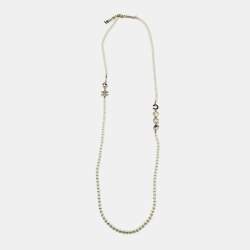 Pre Owned Chanel Crystal CC Coco Heart Crystals Faux Pearl Gold Tone Long Necklace