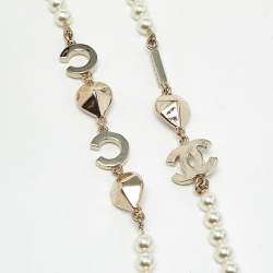 Pre Owned Chanel Crystal CC Coco Heart Crystals Faux Pearl Gold Tone Long Necklace