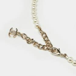 Pre Owned Chanel Crystal CC Coco Heart Crystals Faux Pearl Gold Tone Long Necklace