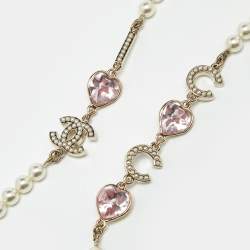 Pre Owned Chanel Crystal CC Coco Heart Crystals Faux Pearl Gold Tone Long Necklace