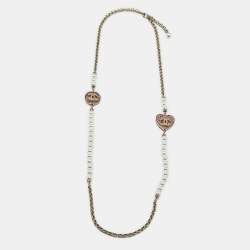 Pre Owned Chanel CC Enamel Crystal Embellished Faux Pearl Gold Tone Long Necklace