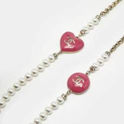 Pre Owned Chanel CC Enamel Crystal Embellished Faux Pearl Gold Tone Long Necklace