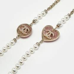 Pre Owned Chanel CC Enamel Crystal Embellished Faux Pearl Gold Tone Long Necklace