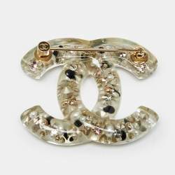 Pre Owned Chanel CC Resin Faux Pearl Crystals Gold Tone Brooch