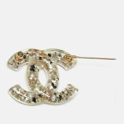 Pre Owned Chanel CC Resin Faux Pearl Crystals Gold Tone Brooch