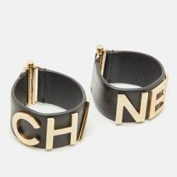 Pre Owned Chanel Logo Black Leather Gold Tone Set of 2 Bracelets