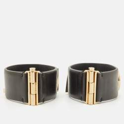Pre Owned Chanel Logo Black Leather Gold Tone Set of 2 Bracelets
