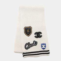 Pre Owned Chanel Logo Patch White Black 100% Cashmere Scarf