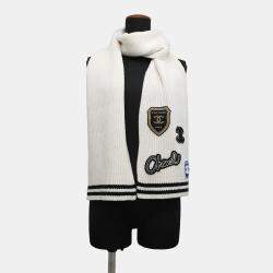 Pre Owned Chanel Logo Patch White Black 100% Cashmere Scarf