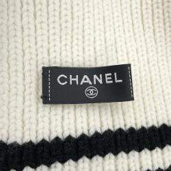 Pre Owned Chanel Logo Patch White Black 100% Cashmere Scarf
