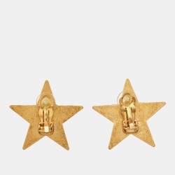Pre Owned Chanel Black Enamel Gold Tone Star Clip-on Earrings