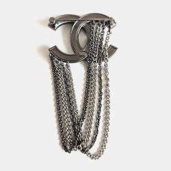 Pre Owned Chanel CC Multi Chain Silver Crystals Pin Brooch