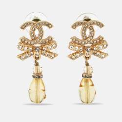 Pre Owned Chanel CC Bow Crystals Beads Gold Tone Earrings