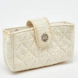 Pre Owned Chanel White Quilted Coated Tweed CC Phone Holder Pouch