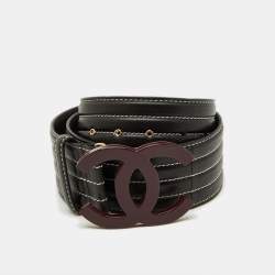Pre Owned Chanel Black Leather CC Wide Buckle Waist Belt 90CM