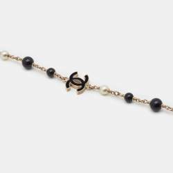 Pre Owned Chanel CC Faux Pearl Black Beads Long Station Necklace