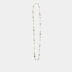 Pre Owned Chanel CC Faux Pearl Black Beads Long Station Necklace