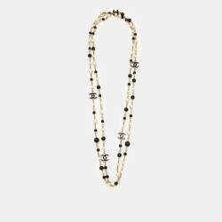 Pre Owned Chanel CC Faux Pearl Black Beads Long Station Necklace