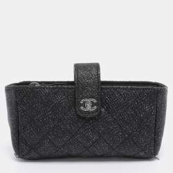 Pre Owned Chanel Black Shimmering Quilted Leather CC Phone Pouch