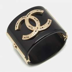 Pre Owned Chanel CC Resin Crystal Studded Gold Tone Wide Cuff Bracelet