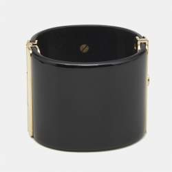 Pre Owned Chanel CC Resin Crystal Studded Gold Tone Wide Cuff Bracelet
