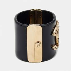 Pre Owned Chanel CC Resin Crystal Studded Gold Tone Wide Cuff Bracelet