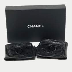 Pre Owned Chanel Black Logo Detail Leather Fingerless Gloves Size 7.5