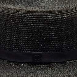 Pre Owned Chanel Black CC Straw Wide Sun Hat M