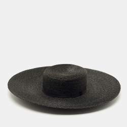Pre Owned Chanel Black CC Straw Wide Sun Hat M