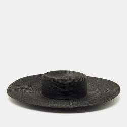 Pre Owned Chanel Black CC Straw Wide Sun Hat M