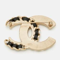 Pre Owned Chanel CC Crystals Faux Pearl Leather Gold Tone Brooch