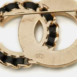 Pre Owned Chanel CC Crystals Faux Pearl Leather Gold Tone Brooch