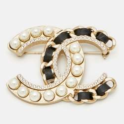 Pre Owned Chanel CC Crystals Faux Pearl Leather Gold Tone Brooch