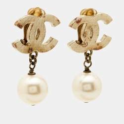 Pre Owned Chanel CC Faux Pearl Gold Tone Earrings