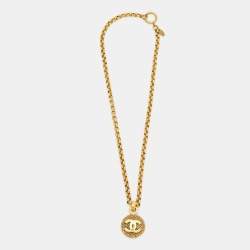 Pre Owned Chanel CC Quilted Gold Tone Round Pendant Necklace