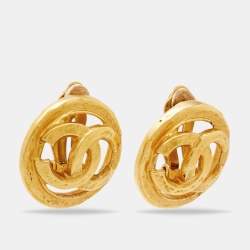 Pre Owned Chanel CC Gold Tone Round Clip-on Stud Earrings