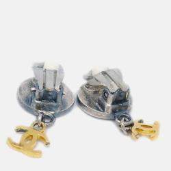Pre Owned Chanel Dangle Gold Silver Plated Metal Clip-On Earrings 
