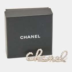 Pre Owned Chanel Logo Faux Pearl Crystals Gold Tone Hair Pin