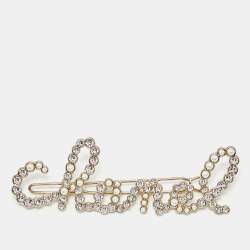 Pre Owned Chanel Logo Faux Pearl Crystals Gold Tone Hair Pin