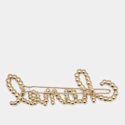 Pre Owned Chanel Logo Faux Pearl Crystals Gold Tone Hair Pin