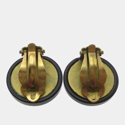 Pre Owned Chanel Button Earrings Black Gold Clip-On