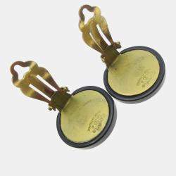 Pre Owned Chanel Button Earrings Black Gold Clip-On