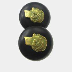 Pre Owned Chanel Button Earrings Black Gold Clip-On