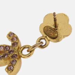 Pre Owned Chanel Dangle CC Piercing Earrings Gold Rhinestone